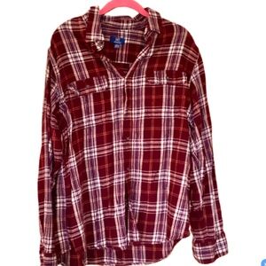 George Mens Maroon Plaid Flannel Shirt, L
